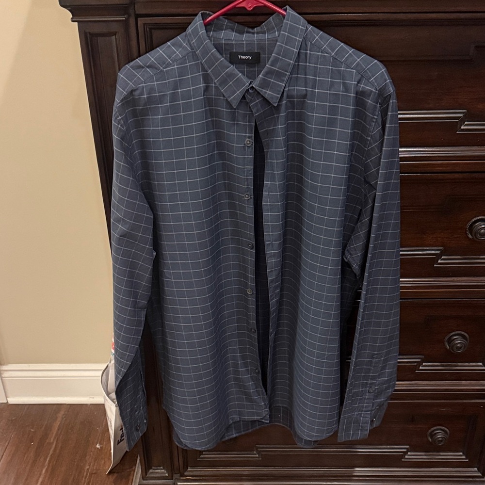 Theory Men's Navy Plaid Button-Down Shirt size XXL